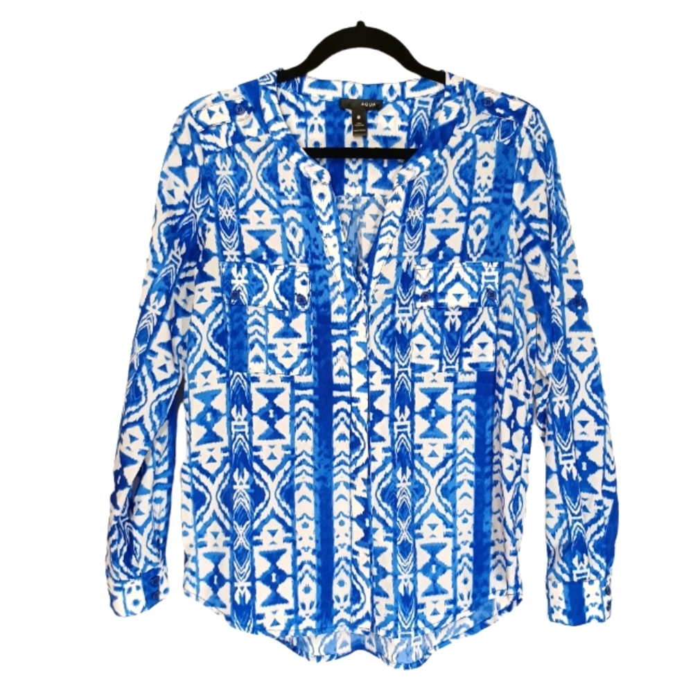 AQUA Blue White Print Long Sleeve Button Front Top X-Small